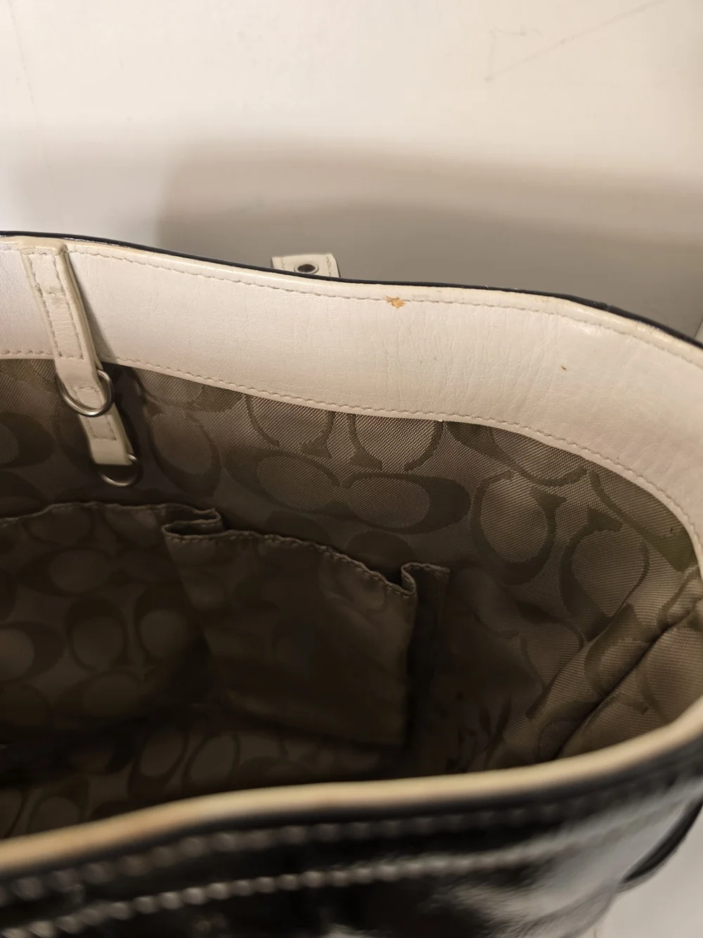 Coach Black Patent Leather Tote Bag with White Trim and Signature Lining